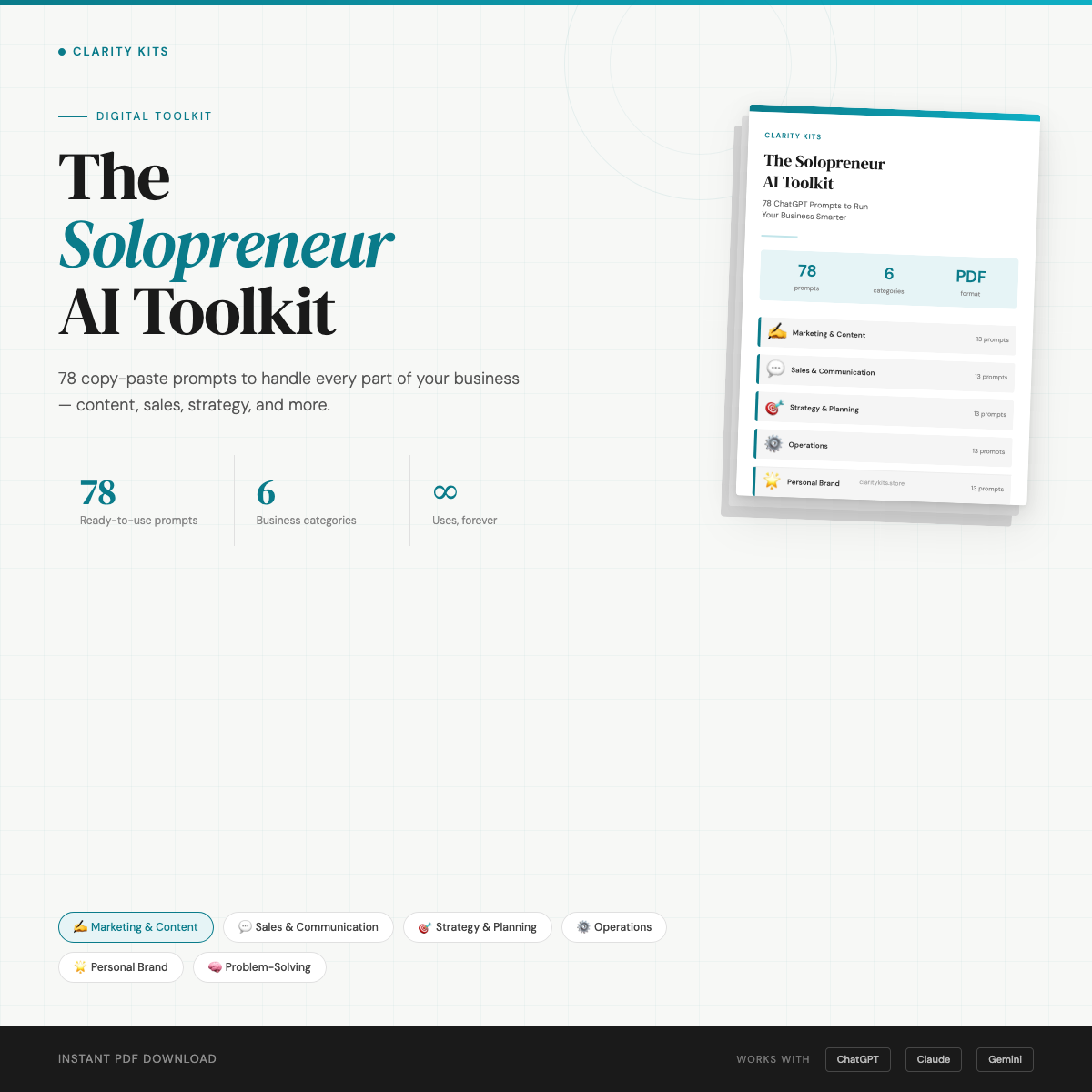 The Solopreneur AI Toolkit: 78 ChatGPT prompts PDF for solopreneurs and small business owners by Clarity Kits