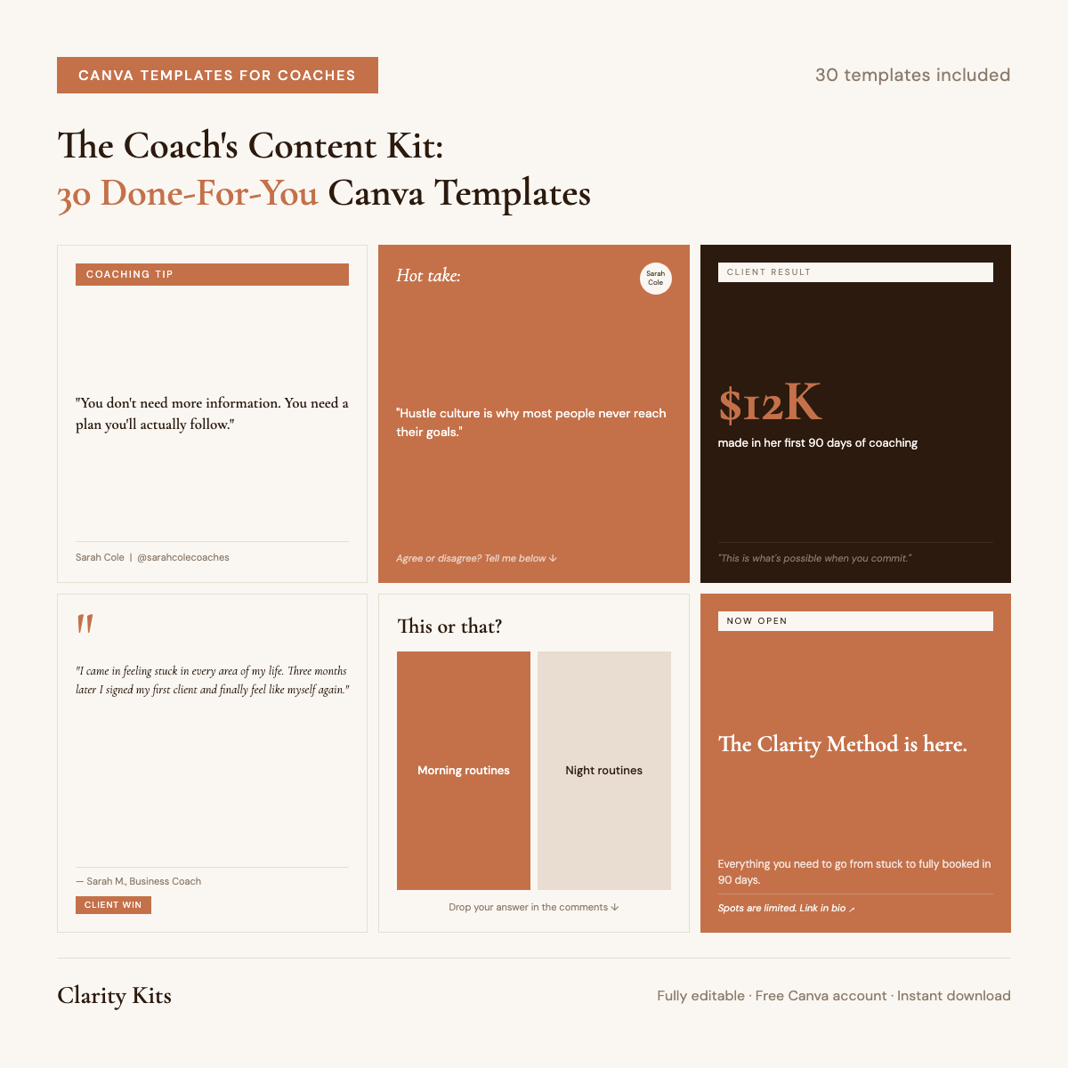 30 done-for-you Canva social media templates for coaches: The Coach's Content Kit by Clarity Kits