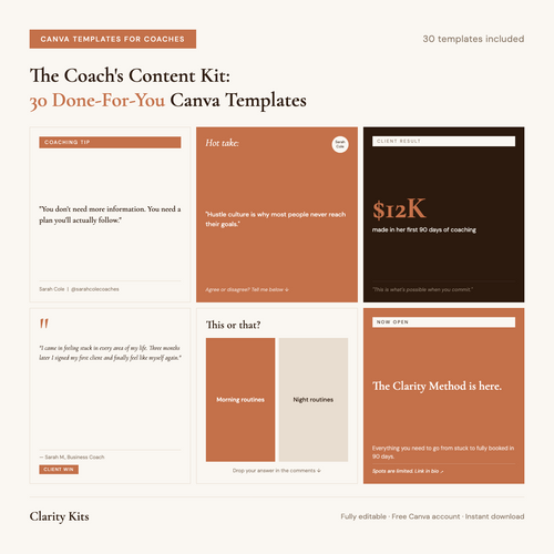 30 done-for-you Canva social media templates for coaches: The Coach's Content Kit by Clarity Kits