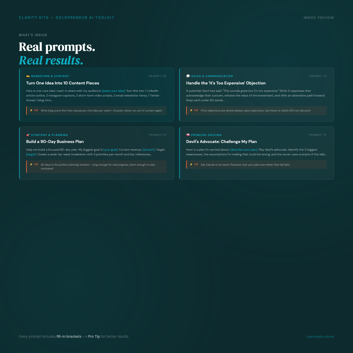 Inside preview of The Solopreneur AI Toolkit showing sample ChatGPT prompts for marketing, sales, and business strategy