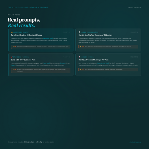 Inside preview of The Solopreneur AI Toolkit showing sample ChatGPT prompts for marketing, sales, and business strategy